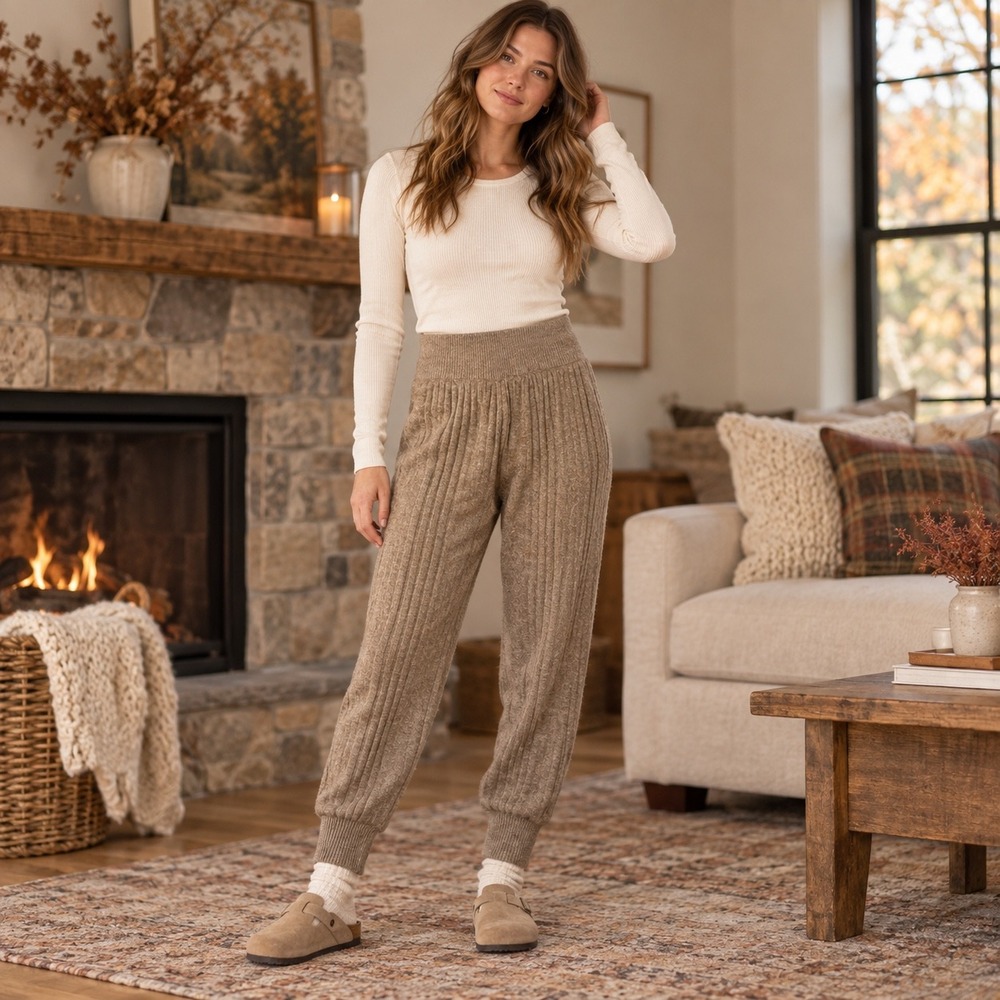 Intimately Free People Ribbed Sweater Pants Tan High Waist Joggers Medium